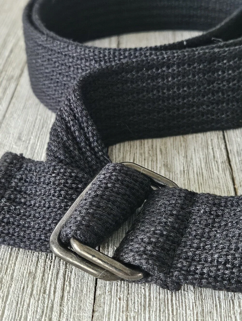 Black Woven Cotton Canvas Web Belt with Metal Double Ring Buckles .Measures 1.5